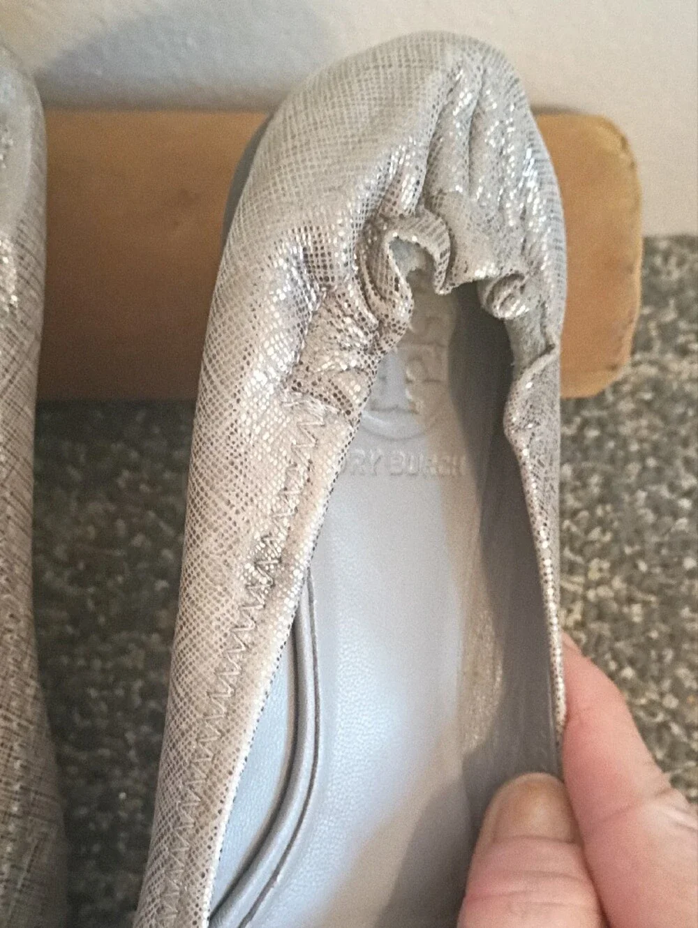 Tory Burch Metallic Silver Logo Ballet Flats - Women's